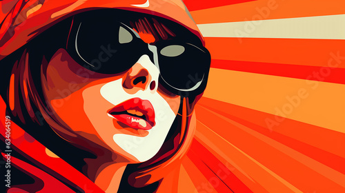 woman in black glasses and hat, colorful illustration. Generative Ai. 