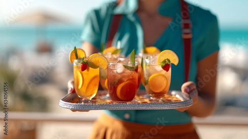 waitress serving cocktails with fruits on the beach. Generative Ai. 