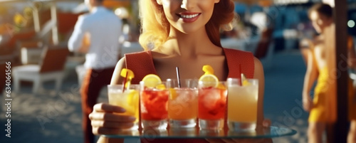 smiling waitress with a tray serving fruit cocktails with ice on the beach. Generative Ai. 