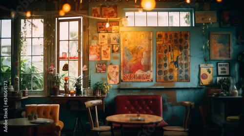bohemian cafe, mismatched furniture, vintage posters, colorful fairy lights, shot at twilight, soft focus, vintage, film noir aesthetic © Marco Attano