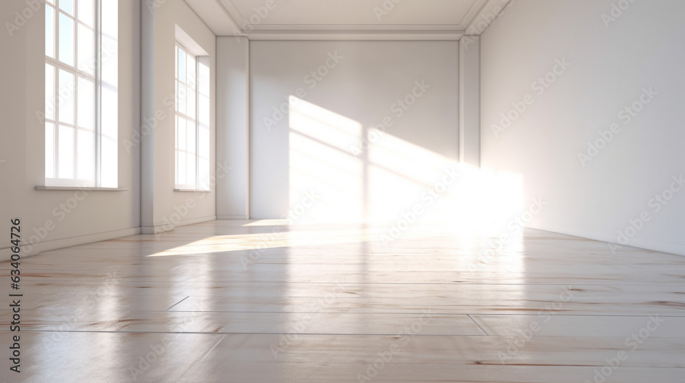 empty room with a window lit by the bright rays of the sun. Generative Ai. empty room with a window lit by the bright rays of the sun. Generative Ai.
