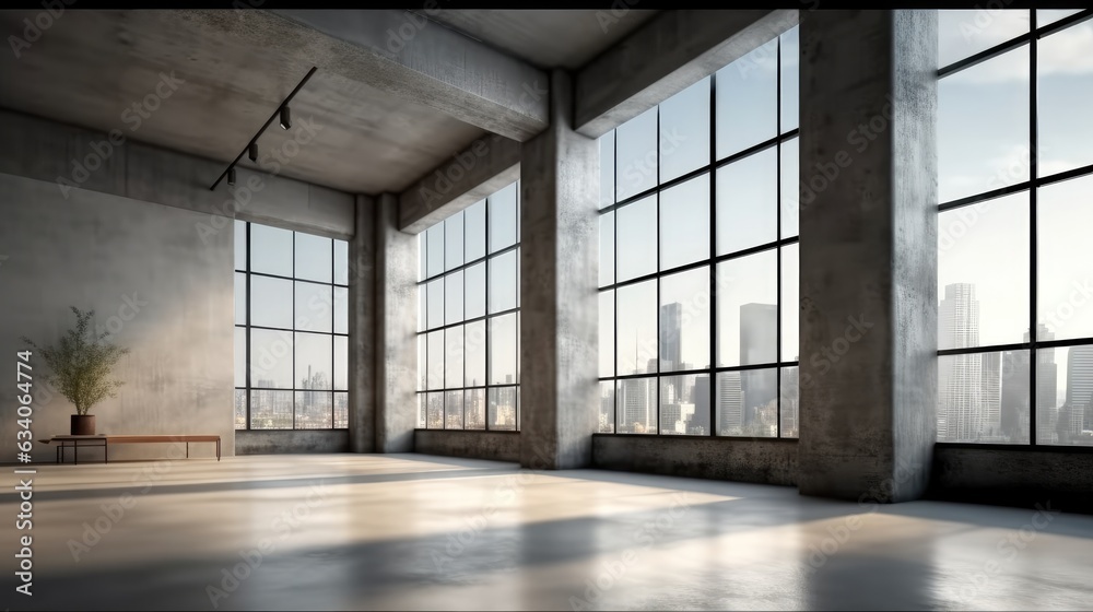 Empty interior room with concrete walls with soft skylight from window and city view.