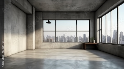 Empty interior room with concrete walls with soft skylight from window and city view.