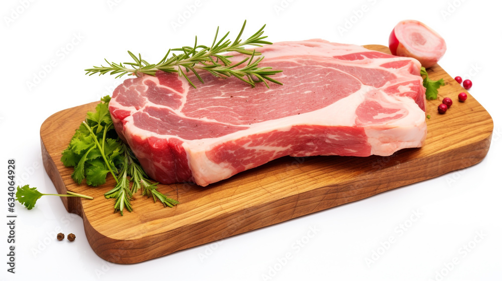 raw beef steak with rosemary on white background. Generative Ai. raw beef steak with rosemary on white background. Generative Ai.