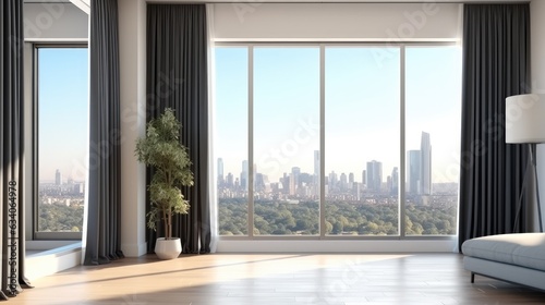 Contemporary interior with curtains of a window and city view. © visoot