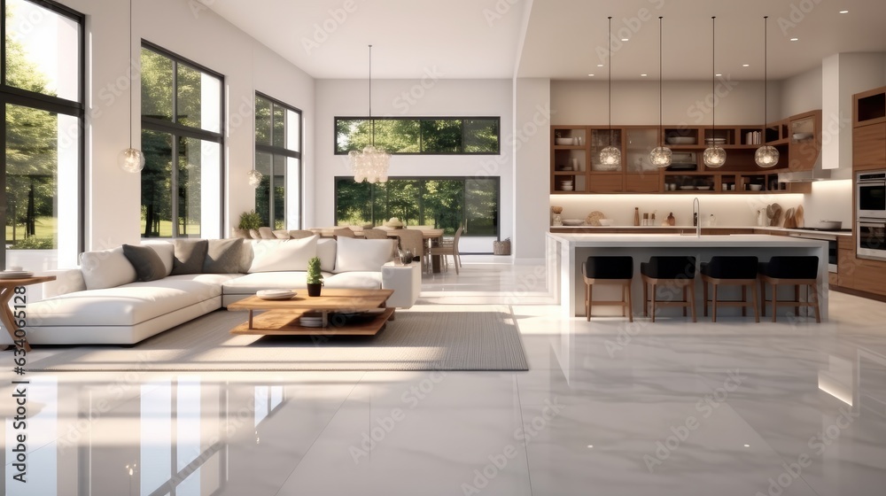 High end interior design featuring a white kitchen, dining, and living space, Modern home interior. High end interior design featuring a white kitchen, dining, and living space, Modern home interior.