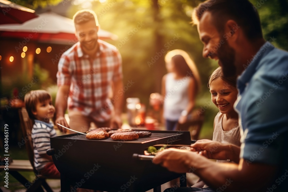 A photograph capturing a family and friends enjoying a picnic outdoors, Generative Ai