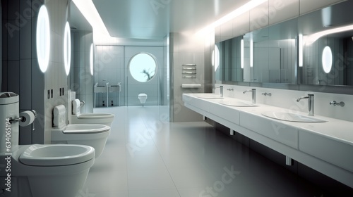 Contemporary Interior of bathroom with sink basin faucet lined up and hotel toilet urinals  Modern design  Construction and architecture.