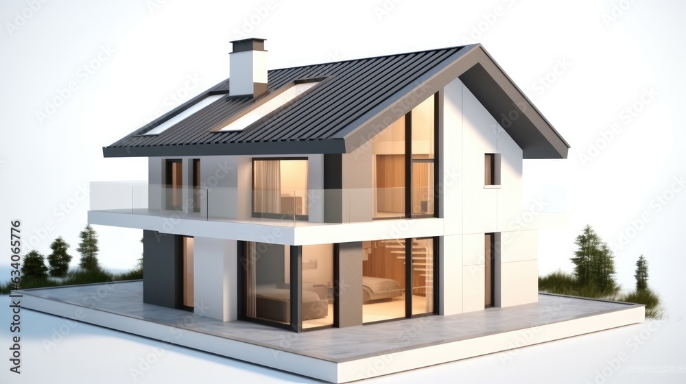 House 3d modern style rendering on white background, Loan real estate concept.