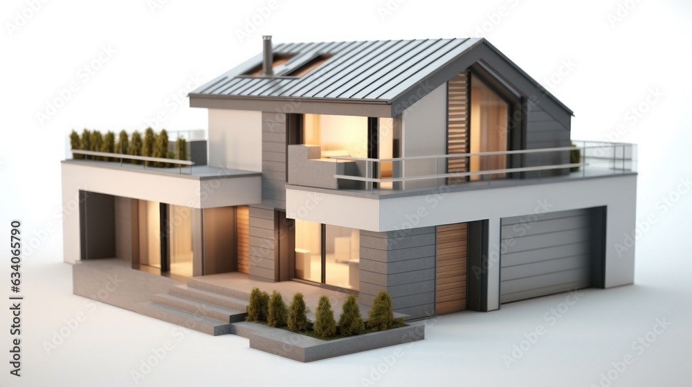 House 3d modern style rendering on white background, Loan real estate concept.