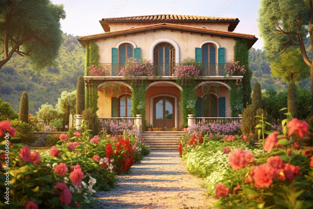 a house in a flower garden