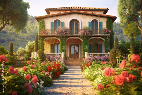 a house in a flower garden