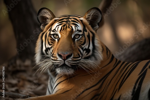 Head shot of a juvenile wild Bengal Tiger (Panthera tigris tigris) licking its face, in the forest, Ranthambhore National Park, Rajasthan, India, Asia