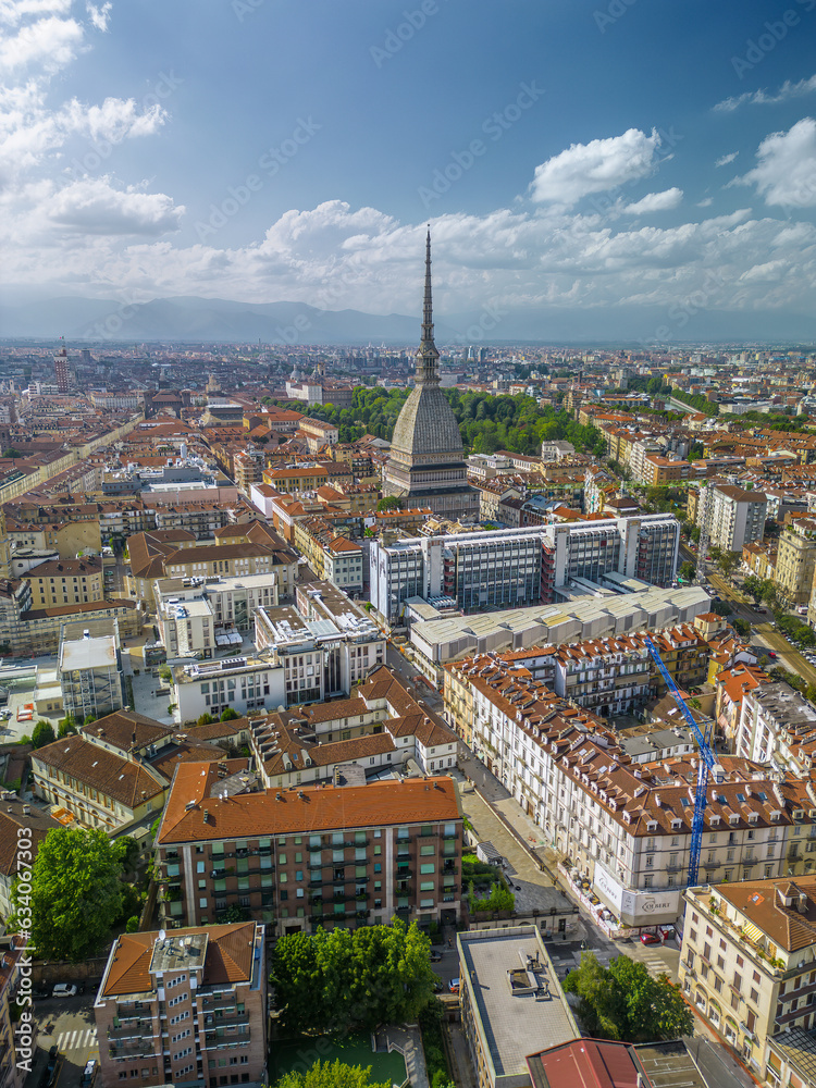 The drone aerial view of Turin city centre with Mole Antonelliana, Piedmont region of Italy.