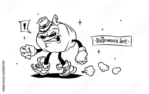 Set of tattoo vector characters for halloween. Beautiful illustrations with characters for t-shirts. Evil pumpkin hooligan walks in sneakers and swears.