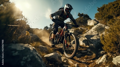 Thrilling Mountain Biking: Man Conquering Rocky Trail on Mountain Bike © Bohdan