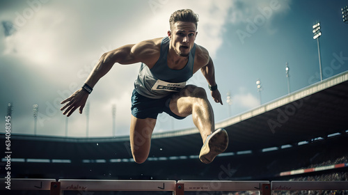 Leap to Victory: Man Clearing Hurdle with Precision in Stadium