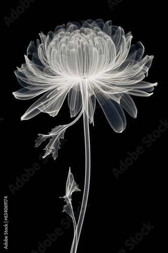 x-ray of chrysanthemum flower on black background, minimalist