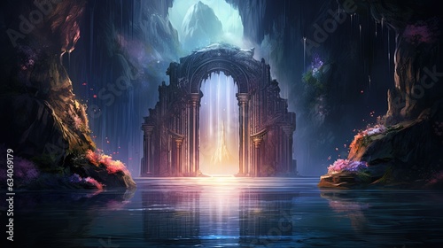 painting illustration scenery background of secret waterlily pond with light shine from behind ancient architecture gate way passage, Generative Ai