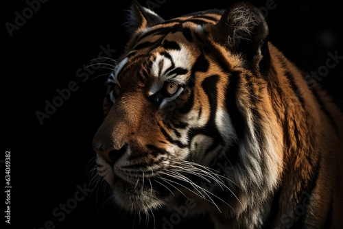 Siberian tiger (Panthera tigris altaica) female, with cub peering through vegetation, Captive. © abstract Art