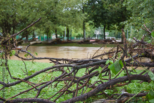 Flooded river after heavy rain. Severe weather disaster.