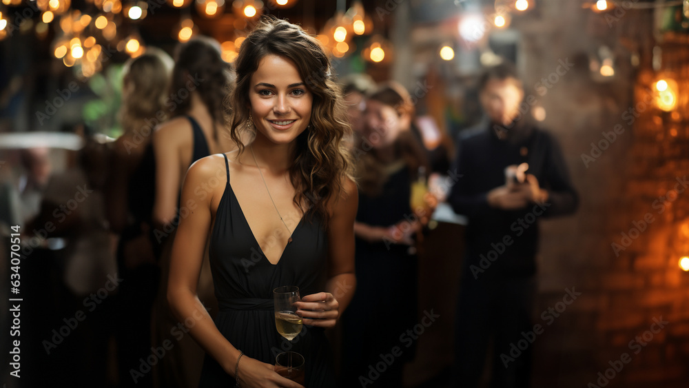 Hübsche Frau im schwarzen Abendkleid auf der Party lacht Porträt, ai generativ