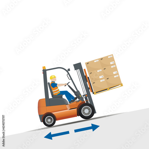 Dangers of working with a forklift. With a load, drive downhill in reverse, and on a slope - in front. Vector.