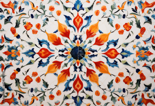 A vibrant colourful symmertrical geometric shapes, tile pattern, vector illustration of intricate shapes. Teal and orange, repeating patterns. Middle eastern islamic and north african inspired art.
