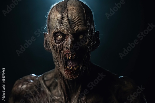 Horror zombie dummy as Halloween decoration in darkness