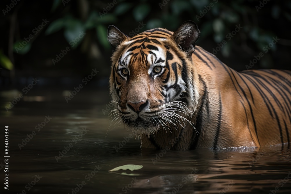 A Bengal Tiger (Panthera Tigris Tigris) In The Sunlight In A Water Hole Shrouded In Dark Shadows; Chandrapur, Maharashtra, India
