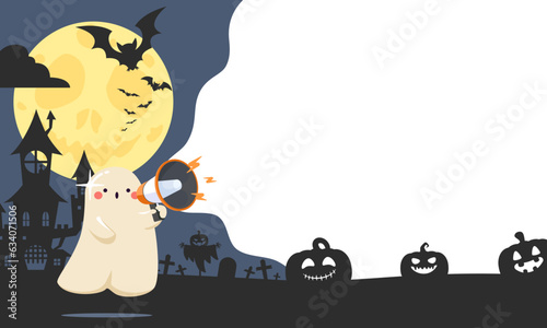Halloween cute bald ghost holding a megaphone speaker for announce, advertising, promotion, and Grand sale. Vector illustration flat design for banner, poster, template, and background.