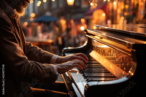 Rhapsody of Urban Notes: Hands Dancing Elegantly on Street Piano Keys, Amidst City's Hustle and Bustle, Player's Gaze Concealed Generative AI 