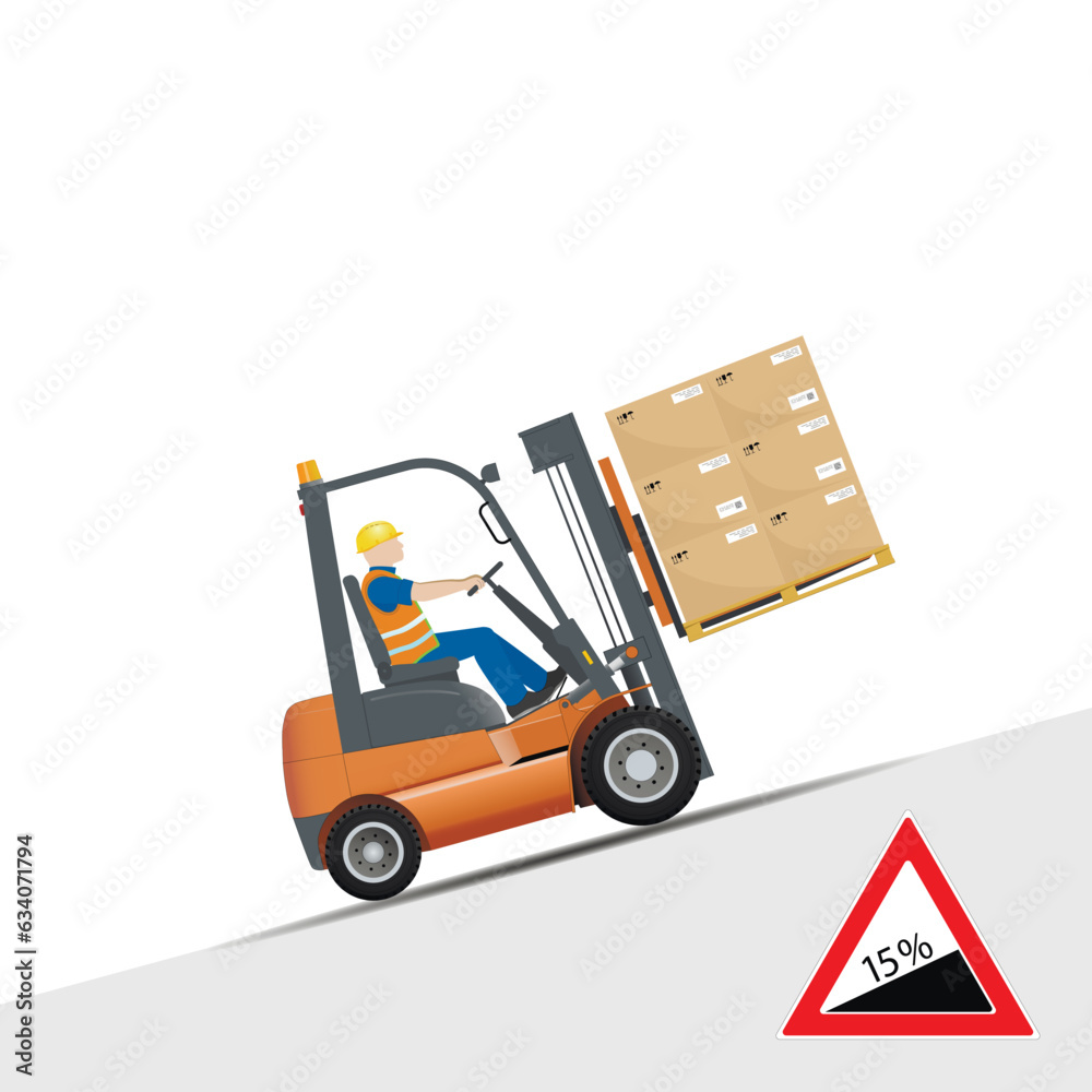 Dangers of working with a forklift. It is forbidden to work on a slope of more than 15 interest. Vector. Dangers of working with a forklift. It is forbidden to work on a slope of more than 15 interest. Vector.