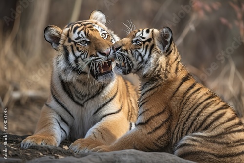 Indian tigress, (Bengal tiger) (Panthera tigris tigris) with her cub, Bandhavgarh National Park, Madhya Pradesh state