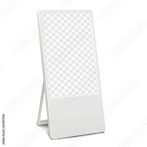 White digital video banner with transparent screen vector mock-up. Promotional LCD display stand realistic mockup. Template for design