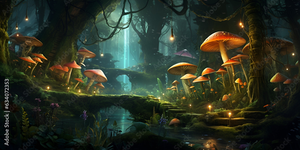 A forest with mushrooms and a moon in the background, Mushroom Haven Discover the Enchanting World of Fungi in this Lush Forest Stream Close Up, Magical glowing mushrooms in the forest, 

