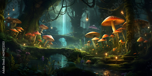 A forest with mushrooms and a moon in the background, Mushroom Haven Discover the Enchanting World of Fungi in this Lush Forest Stream Close Up, Magical glowing mushrooms in the forest, 
