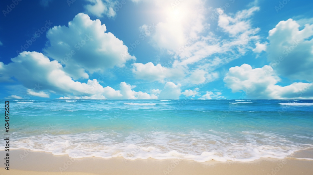custom made wallpaper toronto digitalA summer vacation, holiday background of a tropical beach and blue sea and white clouds with sun flare. Generative AI