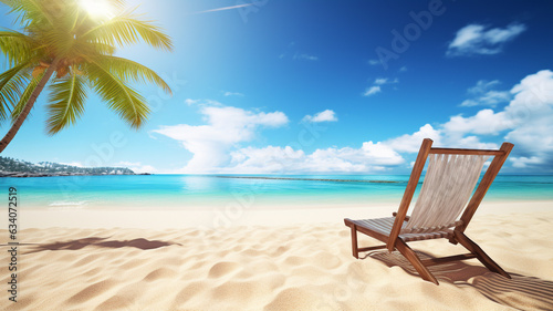 A summer vacation  holiday background of a tropical beach and blue sea and white clouds with sun flare. Generative AI