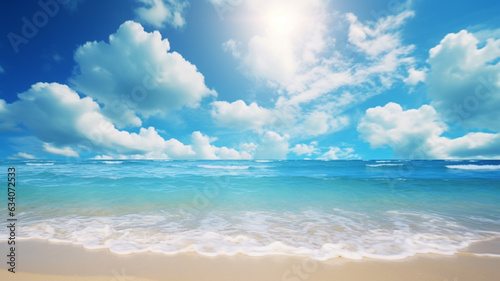 A summer vacation  holiday background of a tropical beach and blue sea and white clouds with sun flare. Generative AI