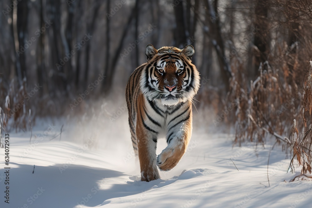 Siberian Tiger or Amur Tiger (Panthera tigris altaica), in deep snow, captive, Switzerland, Europe