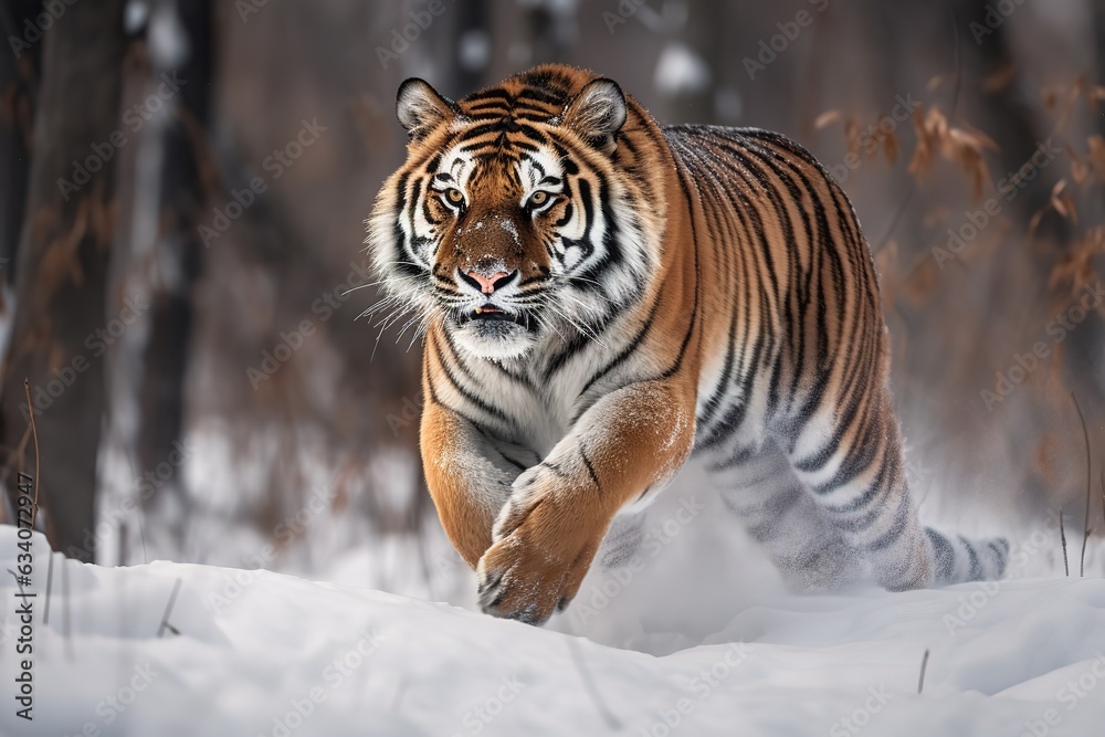 Obraz premium Siberian tiger (Panthera tigris altaica), captive, running in the snow, jumping, Moravia, Czech Republic, Europe