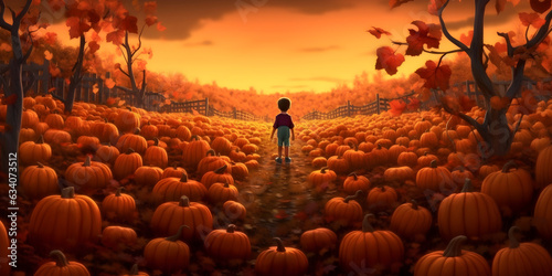 A little boy stands on a path in autumn among many large orange pumpkins.