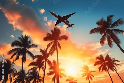 An airplane soaring above palm trees against a vivid sunset sky, Generative Ai
