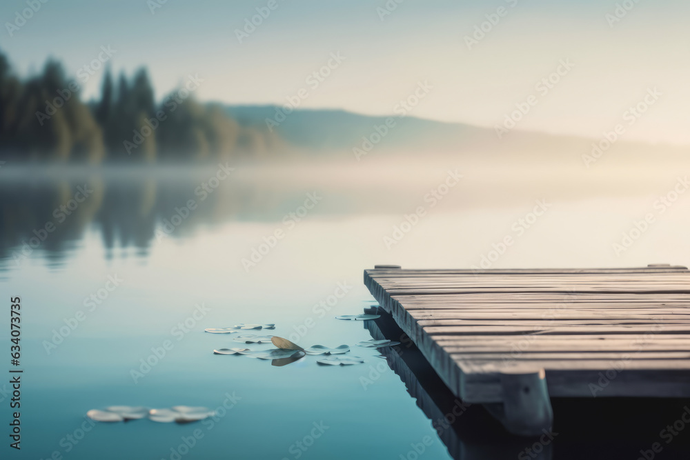 Wooden deck and a misty lake calming scenery