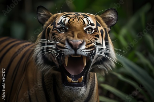 Obraz na plátne angry looking and wild roaring sumatran tiger