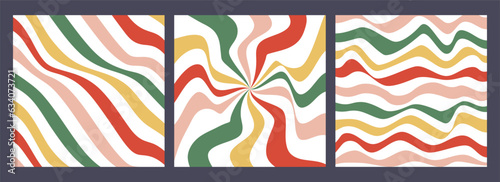 Set of abstract groovy Christmas backgrounds with colorful wavy lines. Trendy retro print design for posters, cards, banners.