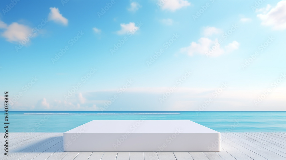 Obraz premium 3d luxury white podium with blur ocean and blue sky for your luxury product.Generative AI