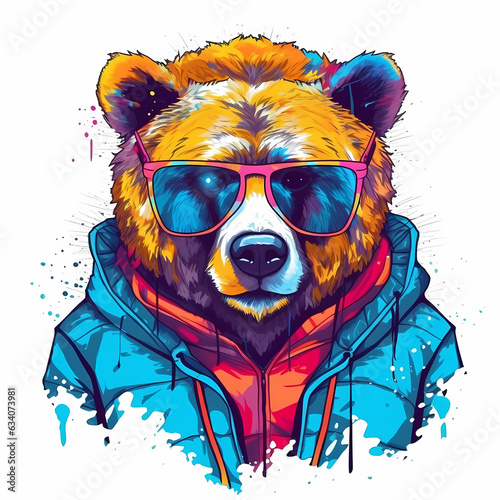 Vibrant, colorful bear with trendy glasses in a bright, abstract illustration