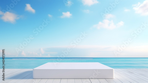 3d luxury white podium with blur ocean and blue sky for your luxury product.Generative AI © BoszyArtis